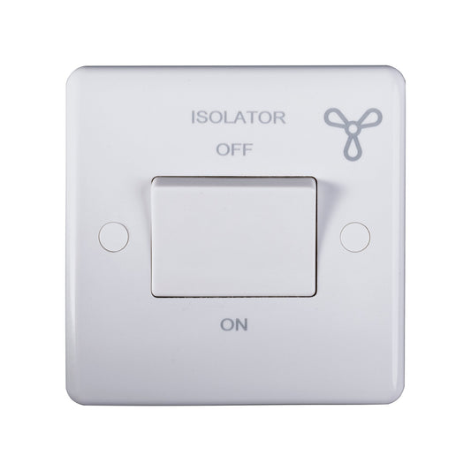 Eurolite Enhance White Plastic Fan Switch in white, featuring an On/Off toggle switch with indicators for isolator and fan settings, designed for wall mounting.