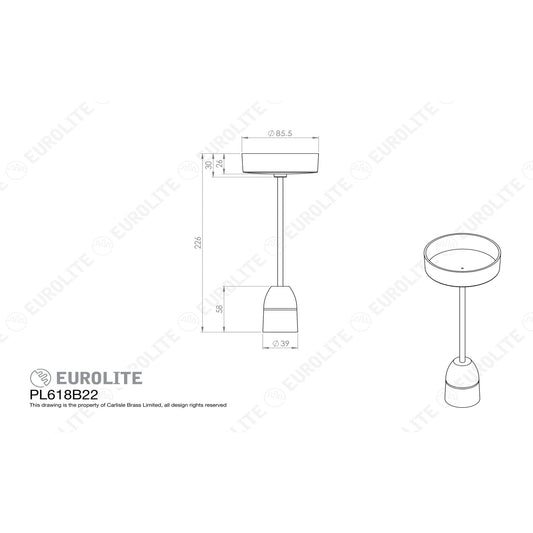 Eurolite Enhance White Plastic Bc Pendant Short Skirt in white, featuring a smooth circular shade design and a sleek cylindrical stem, shown with dimensions for reference.