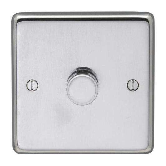 Eurolite Stainless Steel 1 Gang Dimmer in polished stainless steel, featuring a round dimmer switch centered on a square plate, designed with two visible screws for installation.