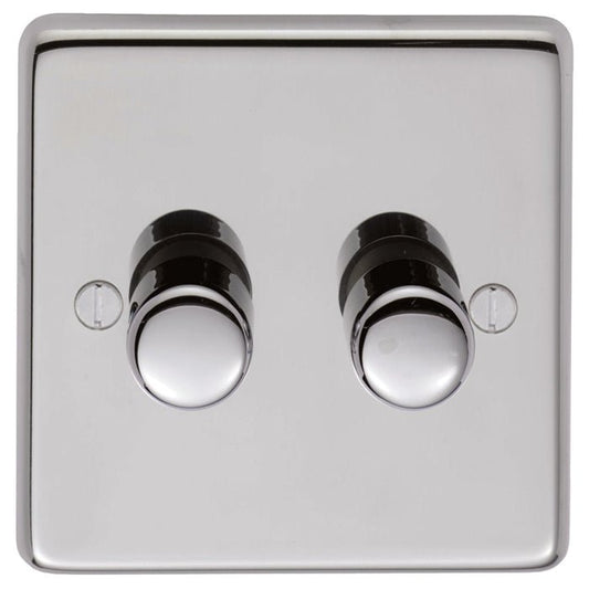 Eurolite Stainless Steel 2 Gang Dimmer in polished stainless steel featuring two round dimmer knobs with a sleek, shiny finish and minimalistic square plate.