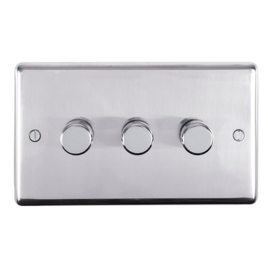 Eurolite Stainless Steel 3 Gang Dimmer in polished stainless steel, featuring three round control knobs and a flat rectangular plate.