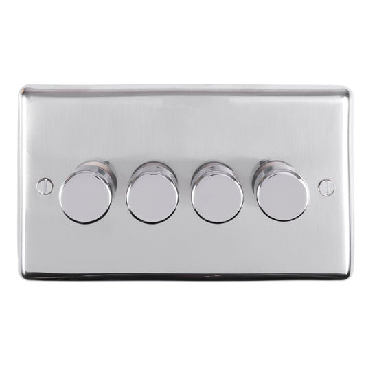 Eurolite Stainless Steel 4 Gang Dimmer in polished stainless steel featuring four round control knobs, mounted on a sleek rectangular plate with a brushed finish.