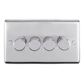Eurolite Stainless Steel 4 Gang Dimmer in polished stainless steel featuring four round control knobs, mounted on a sleek rectangular plate with a brushed finish.