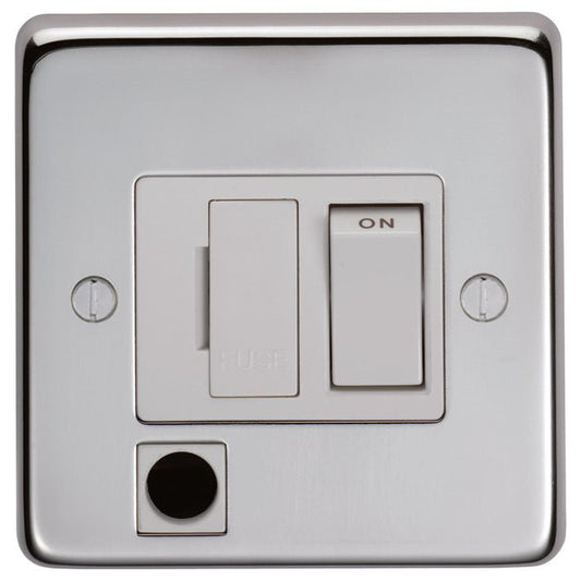 Eurolite Stainless Steel Switched Fuse Spur in polished stainless steel featuring a switch with 'ON' indication and a fuse button, designed for wall mounting with a square plate.