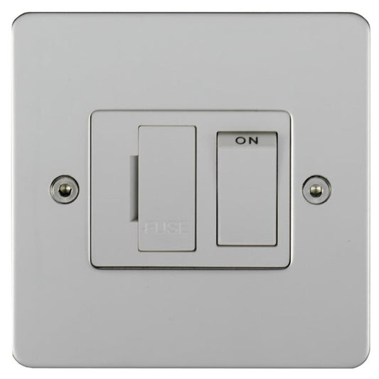 Eurolite Stainless Steel Switched Fuse Spur in polished stainless steel, featuring a switch for the fuse and an on/off toggle, mounted on a square faceplate with two visible screws.