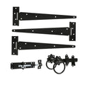 Spira Brass 10" 250mm Plain Ring Gate Ironmongery Kit includes three black metal gate hinges, a sliding bolt latch, and two ring attachments for securing the gate. All components are finished in a matte black tone.