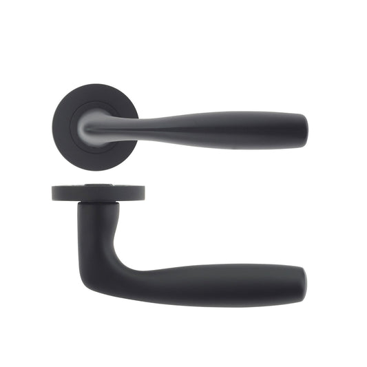 Zoo Hardware Corvus Lever on Round Rose in matte black finish, featuring a sleek lever design and rounded rose for a modern look.
