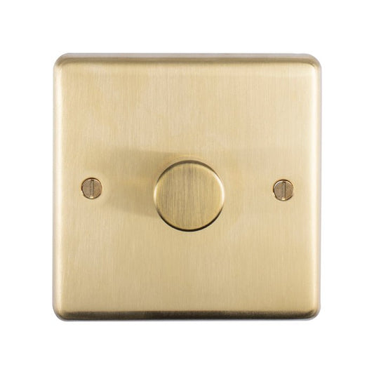 Eurolite Stainless Steel 1 Gang Dimmer in satin brass finish, featuring a round control knob and two screw openings for installation, designed for easy use in light adjustment.