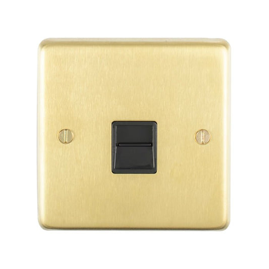 Eurolite Stainless Steel Telephone Slave in satin brass finish, featuring a black switch in the center and mounted with two screws, designed for wall installation.
