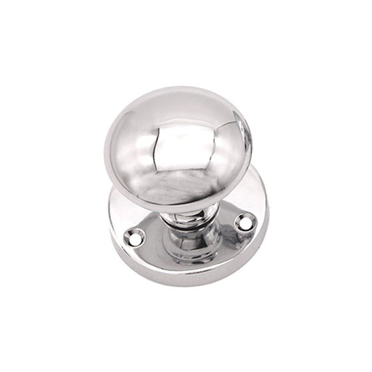 Spira Brass Victorian Door Knob – Mortice in polished chrome finish, featuring a round knob and a circular backplate with screw holes for installation.