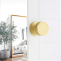 Spira Brass Connaught Knurled Door Knob in a brushed gold finish, featuring a textured knurled design and a smooth circular shape, mounted on a white door.