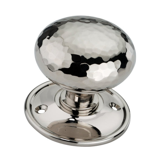 Spira Brass Hammered Cottage Large Mortice/Rim Door Knob with a polished nickel finish, featuring a rounded hammered design and a circular backplate, suitable for various door styles.