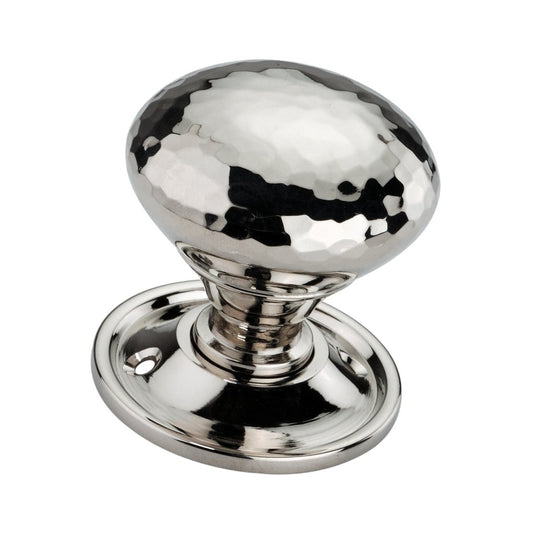 Spira Brass Hammered Mushroom Mortice/Rim Door Knob with a polished nickel finish, featuring a rounded, hammered design that sits on a circular base with mounting holes.
