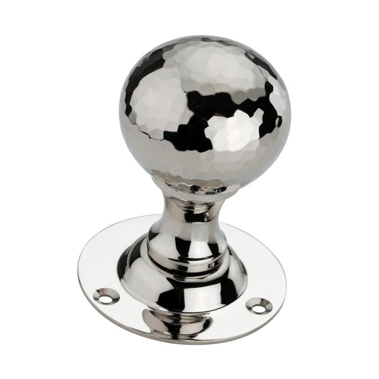 Spira Brass Hammered Ball Mortice Door Knob, featuring a polished chrome finish with a textured, hammered ball and a matching round backplate. The knob is designed for mortice installation.