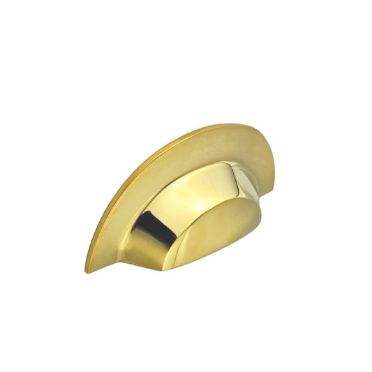 Spira Brass Slim Cup Handle Large in a shiny gold finish, featuring a sleek, curved design suitable for cabinetry.