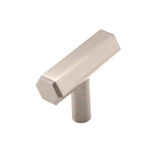 Spira Brass Hexagonal T Bar Cupboard Pull with a brushed nickel finish, featuring a geometric hexagonal shape and a central post for easy installation.