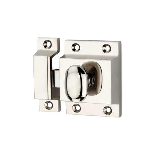 Spira Brass Cupboard Catch in a polished chrome finish, featuring a rounded knob and a rectangular strike plate, designed for securing cupboard doors.