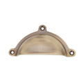 Spira Brass Cottage Cup Pull in a brushed brass finish, featuring a curved design and three mounting holes for installation.