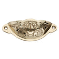 Spira Brass Floral Cup Pull in a polished brass finish, featuring an ornate floral design and two mounting holes for installation.