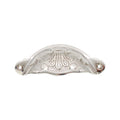 Spira Brass Floral Cup Pull in a polished nickel finish, featuring intricate floral engravings and two mounting holes on each side for installation.