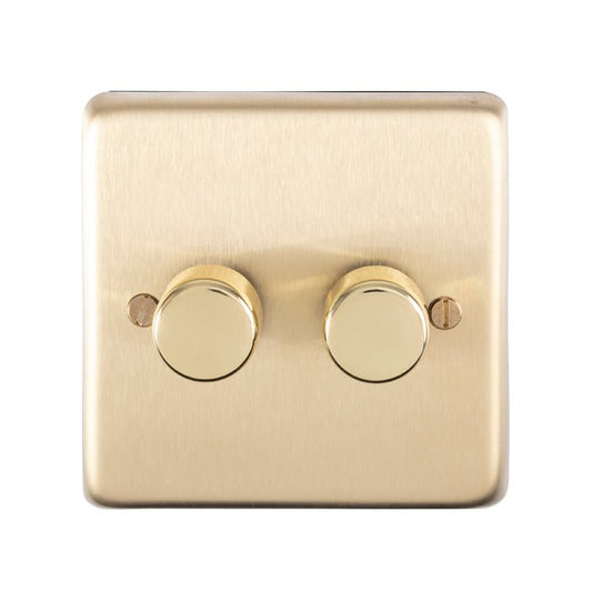 Eurolite Stainless Steel 2 Gang Dimmer in satin brass finish, featuring two round control knobs and a smooth surface for easy operation.