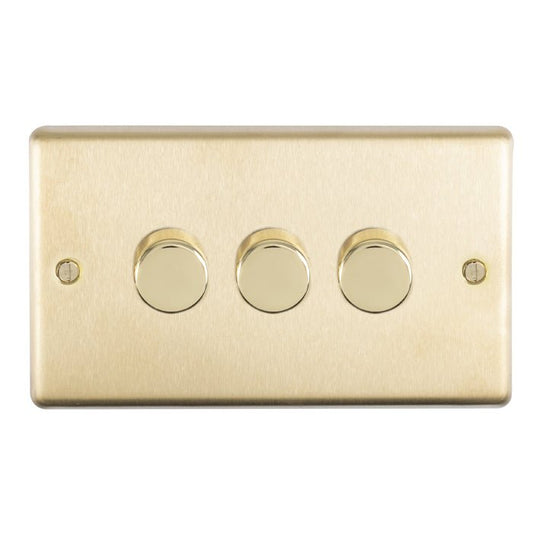 Eurolite Stainless Steel 3 Gang Dimmer in satin brass finish, featuring three round knobs for adjusting light levels, set against a brushed brass plate.
