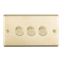 Eurolite Stainless Steel 3 Gang Dimmer in satin brass finish, featuring three round knobs for adjusting light levels, set against a brushed brass plate.