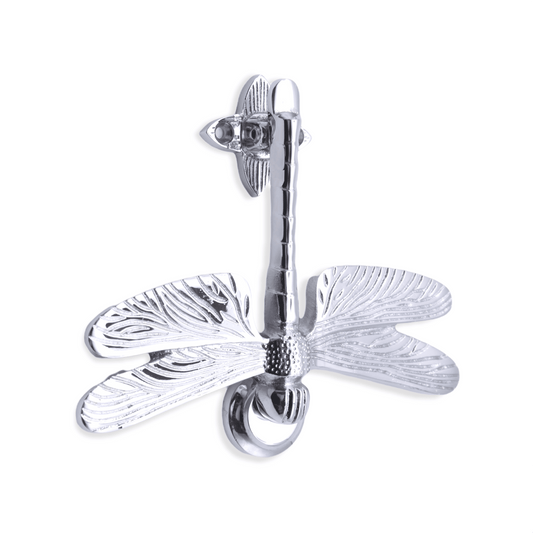 Spira Brass Dragonfly Door Knocker, featuring a detailed dragonfly design with intricate wing patterns, made of polished brass with a silver finish.