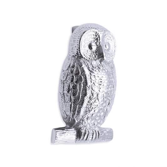 Spira Brass Owl Door Knocker in a polished silver finish, featuring detailed engraving and a design resembling an owl perched on a branch.