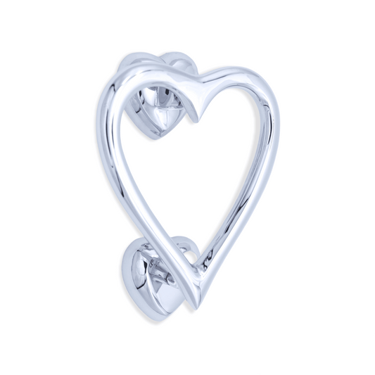 Spira Brass Heart Door Knocker in polished chrome finish, featuring a heart-shaped design and mounted on round back plates.