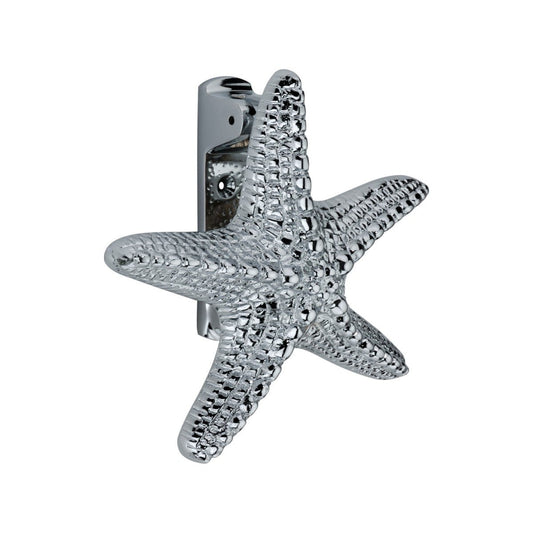 Spira Brass Starfish Door Knocker in a polished chrome finish, featuring a detailed starfish design mounted on a rectangular backing.