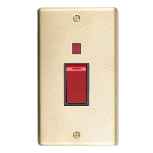 Eurolite Stainless Steel 45Amp Switch with Neon Indicator in satin brass finish, featuring a red switch and a small red indicator light, mounted on a rectangular plate.
