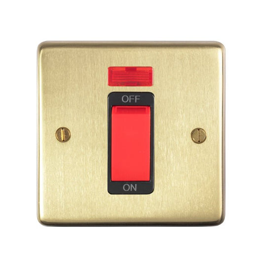 Eurolite Stainless Steel 45Amp Switch With Neon Indicator in satin brass finish, featuring a black ON/OFF toggle switch and a red neon indicator light at the top.