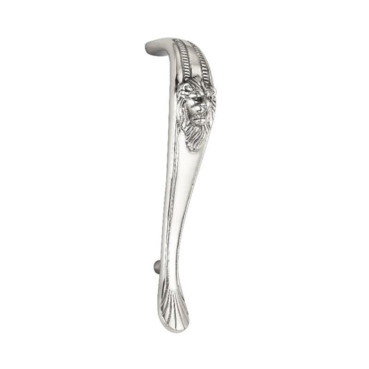 Spira Brass Lion Cabinet Handle in polished chrome finish, featuring an intricate lion head design with detailed ridges and a curved shape.