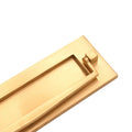 Spira Brass Regency Knocker Postal Plate, 250mm in a brushed brass finish, featuring a rectangular design with a knocker style handle for mail access.