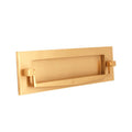 Spira Brass Regency Knocker Postal Plate measuring 250mm, finished in a gold tone, featuring a rectangular design with a prominent knocker handle and two attachment knobs.
