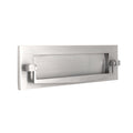 Spira Brass Regency Knocker Postal Plate in a brushed stainless steel finish, measuring 250mm, featuring a rectangular design with a central mail slot and two side knobs.