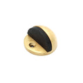 Spira Brass Half Moon Door Stopper in brass with a black rubber base, featuring a rounded half-moon shape and a screw hole for installation.