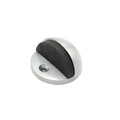 Spira Brass Half Moon Door Stopper featuring a half-moon design with a silver aluminum base and rubber top, designed to hold doors open securely.