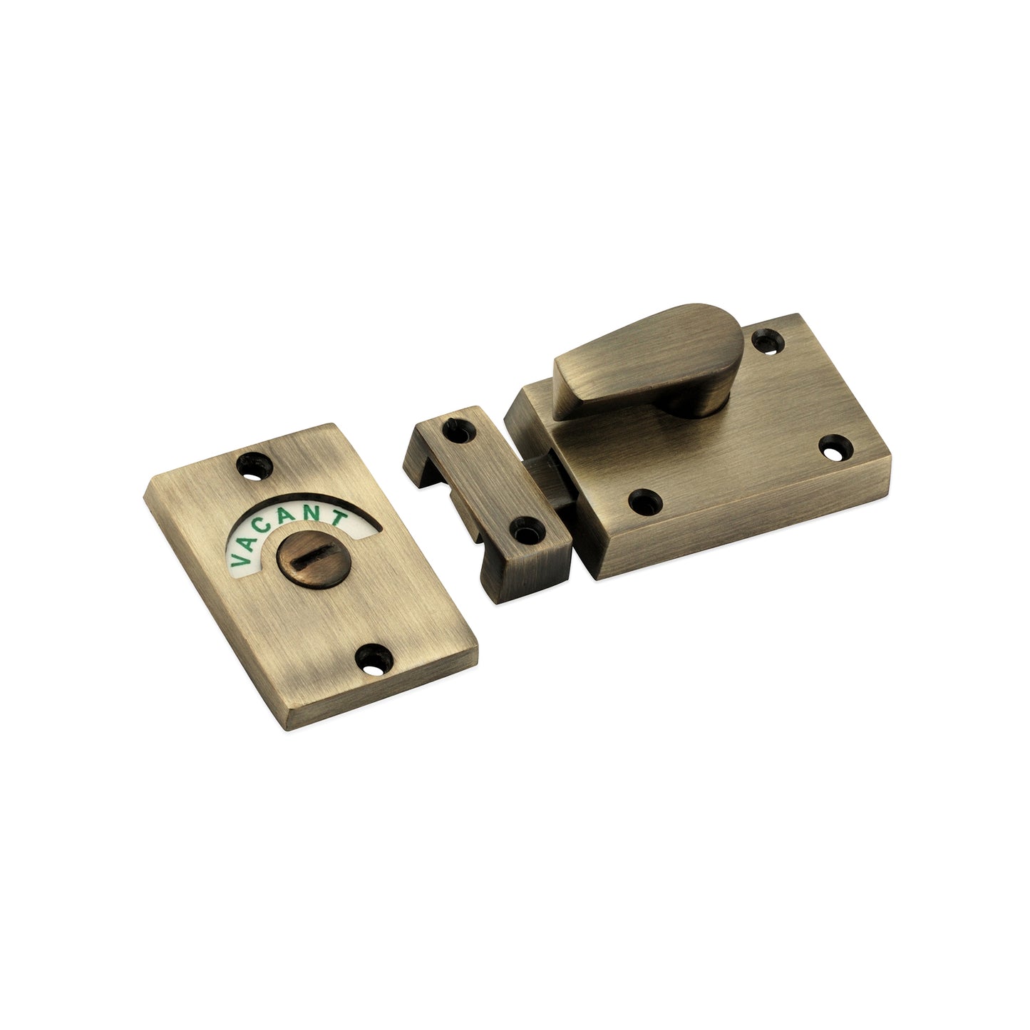 Spira Brass Indicator Bolt Latch in antique brass finish, featuring a thumb turn and a rectangular plate displaying 'VACANT.' The latch design includes mounting holes for easy installation.