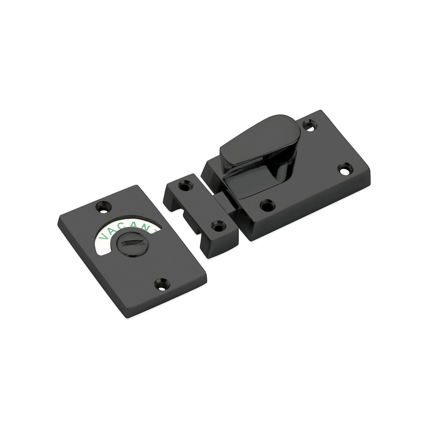 Spira Brass Indicator Bolt Latch in black, featuring a sliding bolt mechanism and a status indicator marked 'VACANT' on the plate. The latch is designed for secure locking and easy operation.