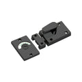 Spira Brass Indicator Bolt Latch in black, featuring a sliding bolt mechanism and a status indicator marked 'VACANT' on the plate. The latch is designed for secure locking and easy operation.