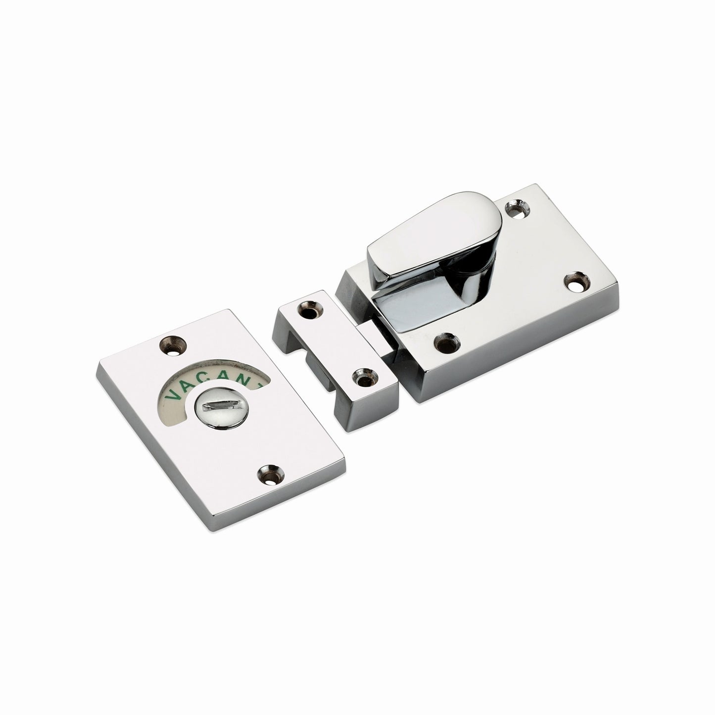Spira Brass Indicator Bolt Latch in polished chrome finish, featuring a toggle mechanism and a visible ‘VACANT’ indicator on the plate, designed for privacy applications.