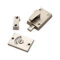 Spira Brass Indicator Bolt Latch in brushed nickel finish, featuring a sliding bolt mechanism and a privacy indicator disc with a 'VACANT' and 'ENGAGED' marker, designed for secure door locking.