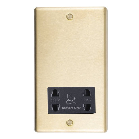 Eurolite Stainless Steel Shaver Socket in satin brass finish, featuring a sleek design with two ports labeled for shavers, mounted on a rectangular plate.