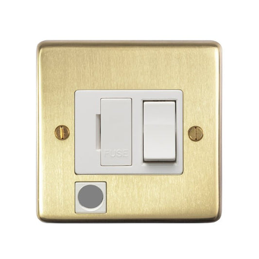 Eurolite Stainless Steel Switched Fuse Spur in satin brass finish, featuring a dual switch with a white insert and a circular button, designed for electrical installation.