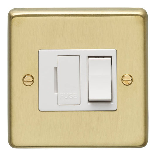 Eurolite Stainless Steel Switched Fuse Spur in satin brass, featuring a white fuse switch and a toggle switch, mounted on a square plate with visible screws.