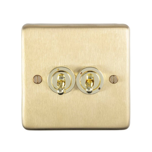 Eurolite Stainless Steel 2 Gang Toggle Switch in satin brass finish, featuring two toggle switches with circular bases and visible screws on a square plate.