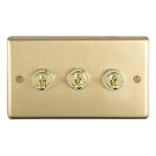 Eurolite Stainless Steel 3 Gang Toggle Switch in satin brass finish, featuring three round toggle switches mounted on a rectangular plate, designed for wall installation.