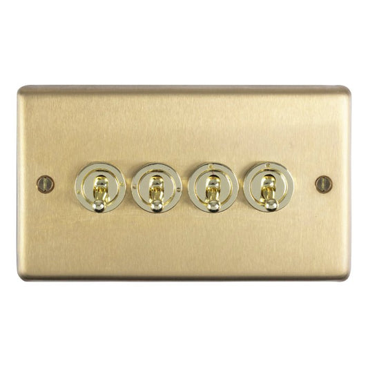 Eurolite Stainless Steel 4 Gang Toggle Switch in satin brass, featuring four toggle switches with circular gold accents and a rectangular backing plate.